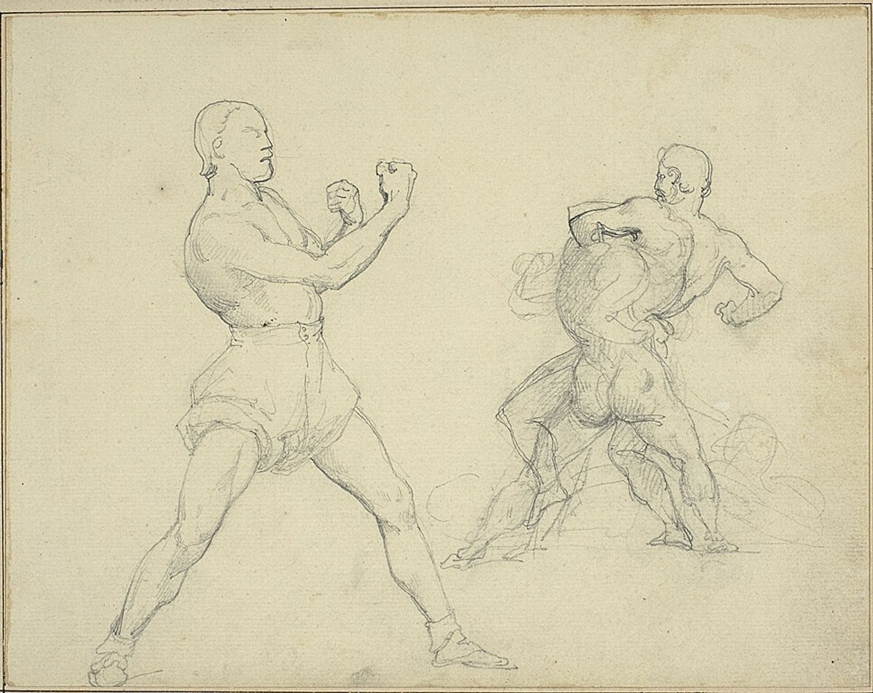 Boxer Facing Right and Two Men Wrestling by Jean Louis André Théodore Géricault