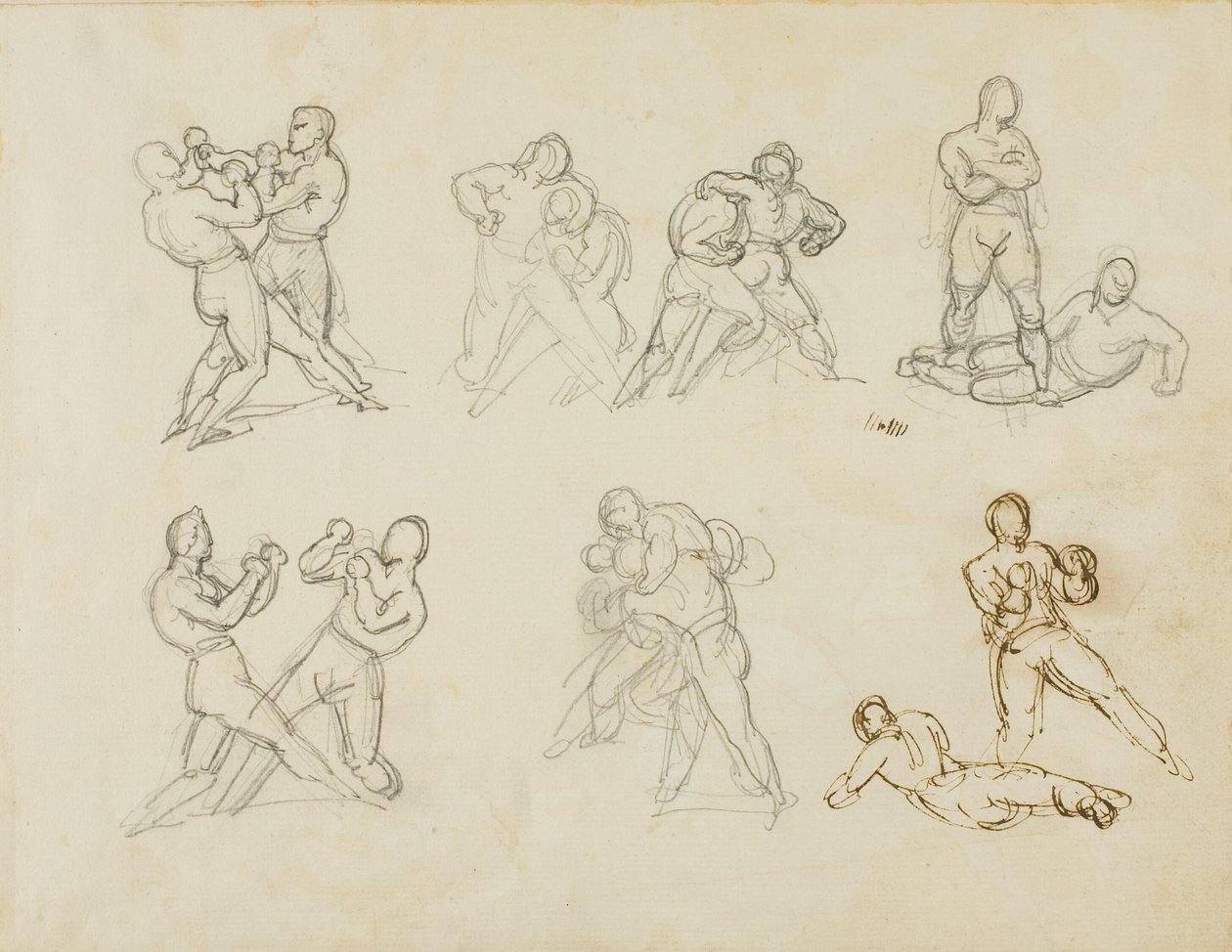 Seven Sketches of Pairs of Boxers by Jean Louis André Théodore Géricault
