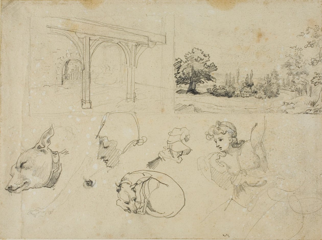 Sketches of A Shed, A Landscape, Dogs and Various Figures by Jean Louis André Théodore Géricault