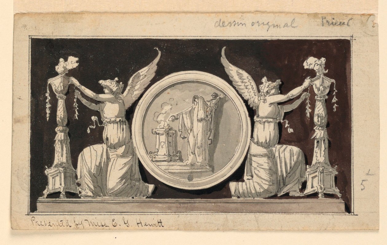 Decorative Panel: Medallion with a Sacrifice Scene between Two Victories Adorning Candelabra by Jean Louis Prieur the Younger