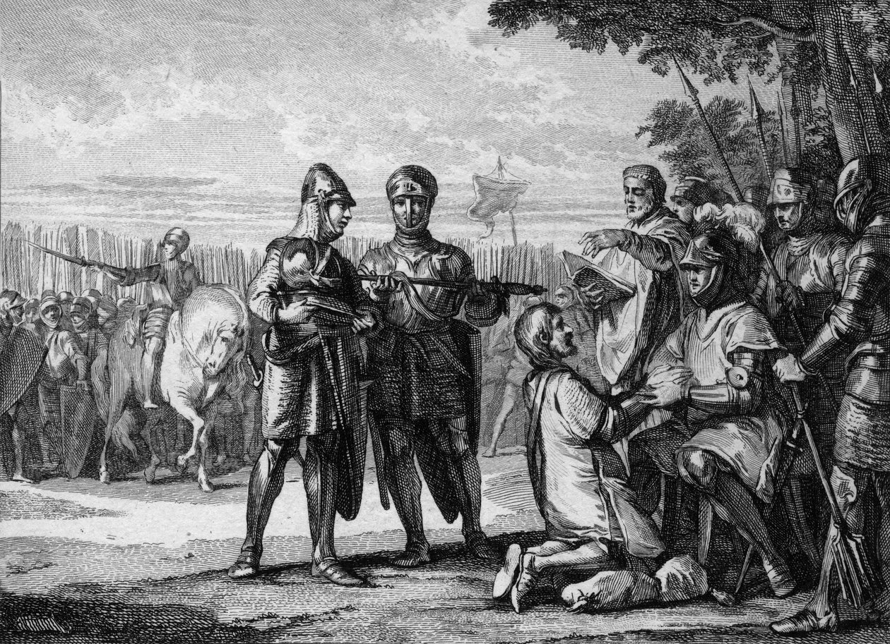 Battle of Tertry, 687: Pepin the Younger recognizes the authority of King Thierry III of Neustria (engraving by Jean Michel Moreau) by Jean Michel the Younger Moreau