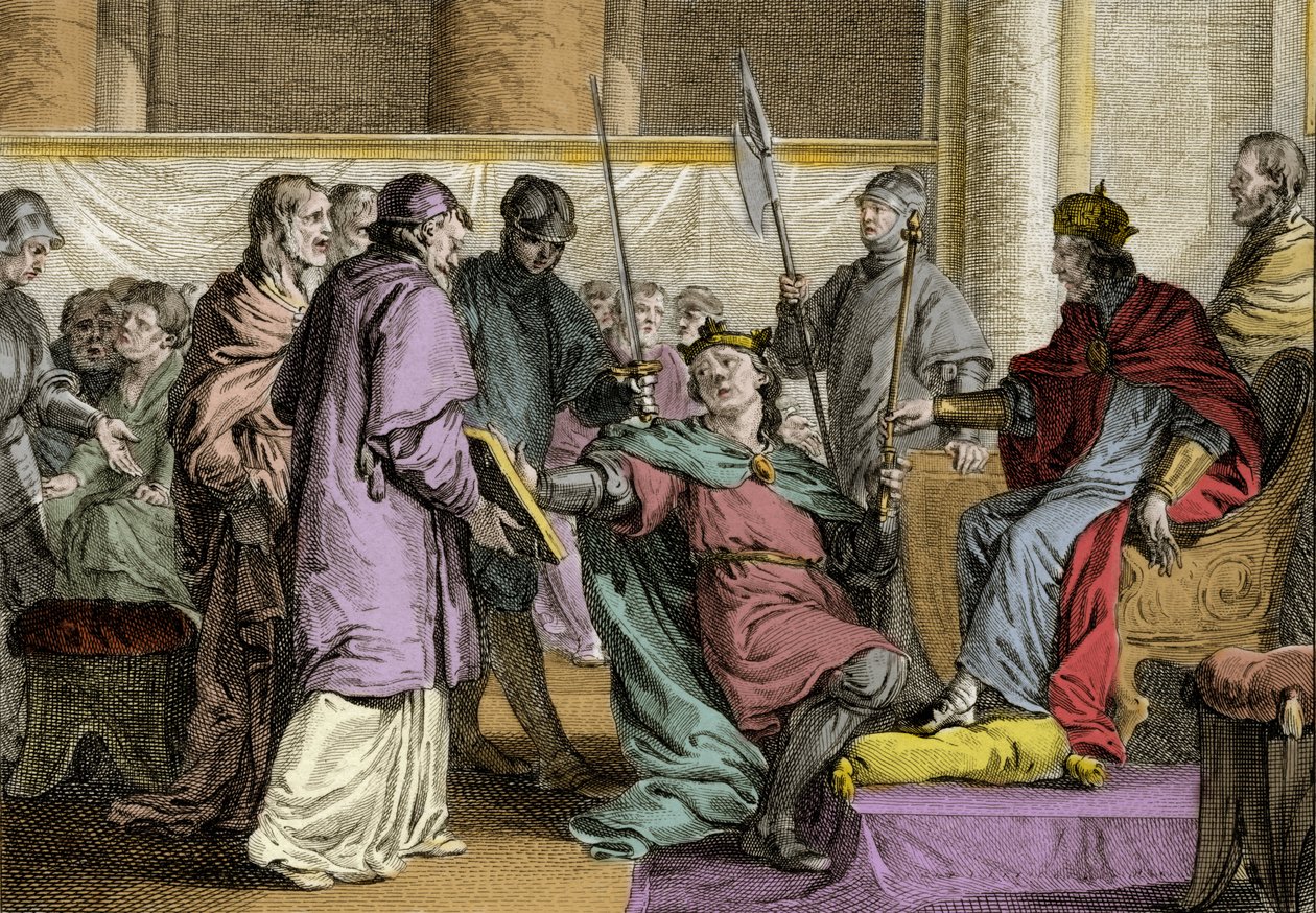 Erispoe, King of Brittany received the ornaments of the kingdom from the hands of Charles II the Bald, 851. Engraving by Jean Michel Moreau by Jean Michel the Younger Moreau