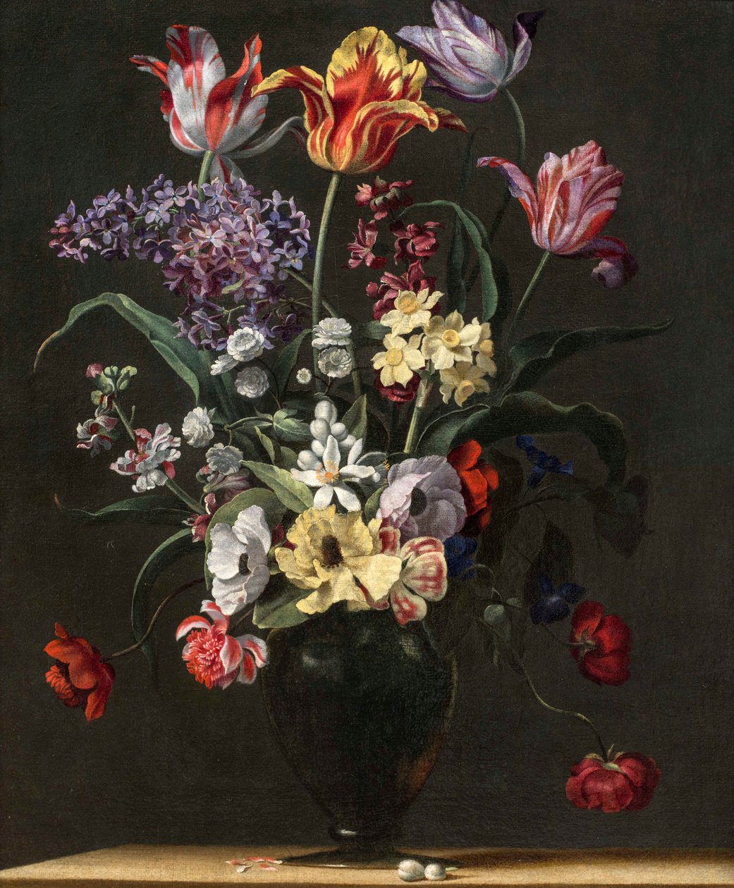 Tulips, Lilies, Daffodils, Lilacs, and Other Flowers in a Glass Vase on ...