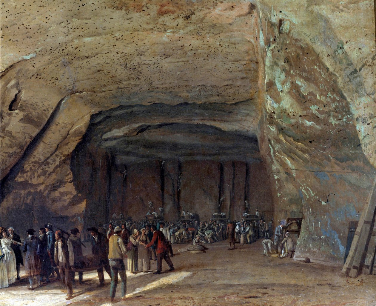 Cave used as warehouse for salt in Dieppedalle circa 1789. Workers in a salt quarry. Painting by Jean Pierre Houel by Jean Pierre Houel