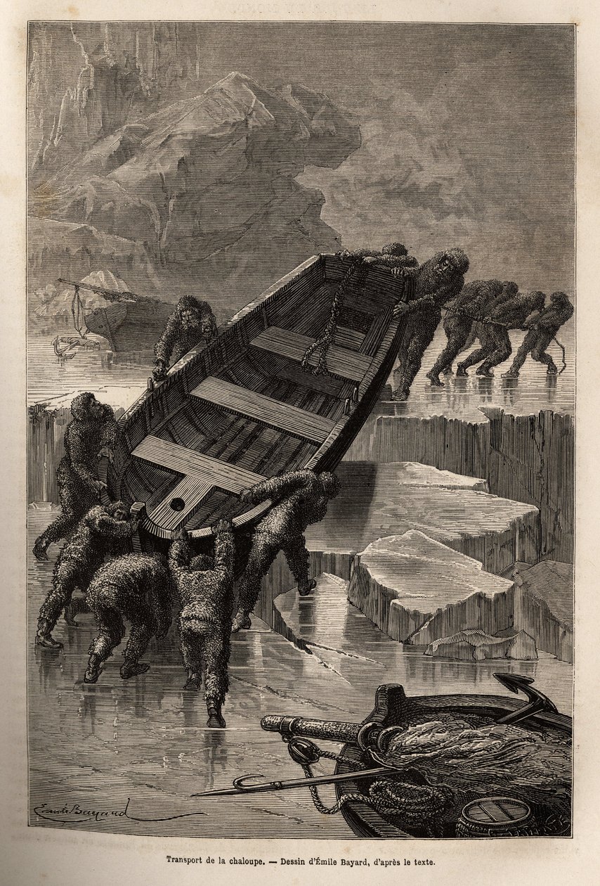 After the destruction of their camp, the crew of La Hansa carries boats ...