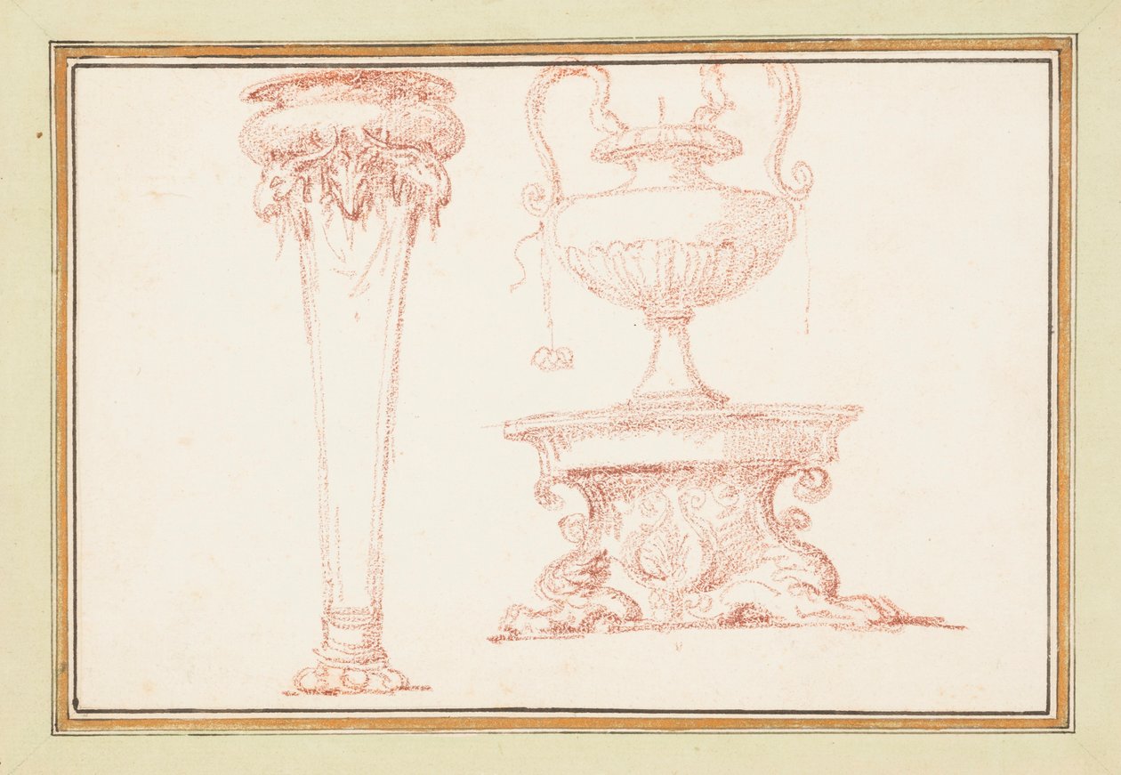 Bound Drawing, A Vase, and a Lamp on a Stand, in Drawings of Ornaments and Architecture by Ango, 1760–69 by Jean Robert Ango