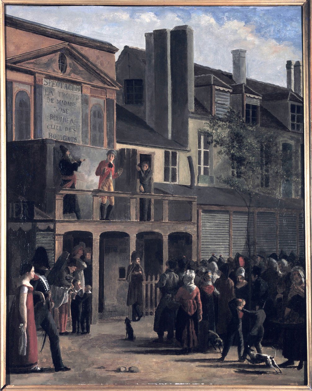 The Parade of Bobèche and Galimafre, Painting by Jean Roller, Representing a Crowd Watching a Street Show. Oil Painting of the 19th Century. by Jean Roller