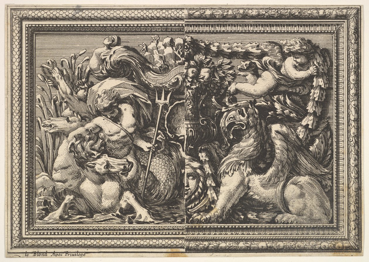 Design for a Panel with Two Variants containing a Hippocamp and a Griffin, from: Ornaments, 1651 by Jean le Pautre