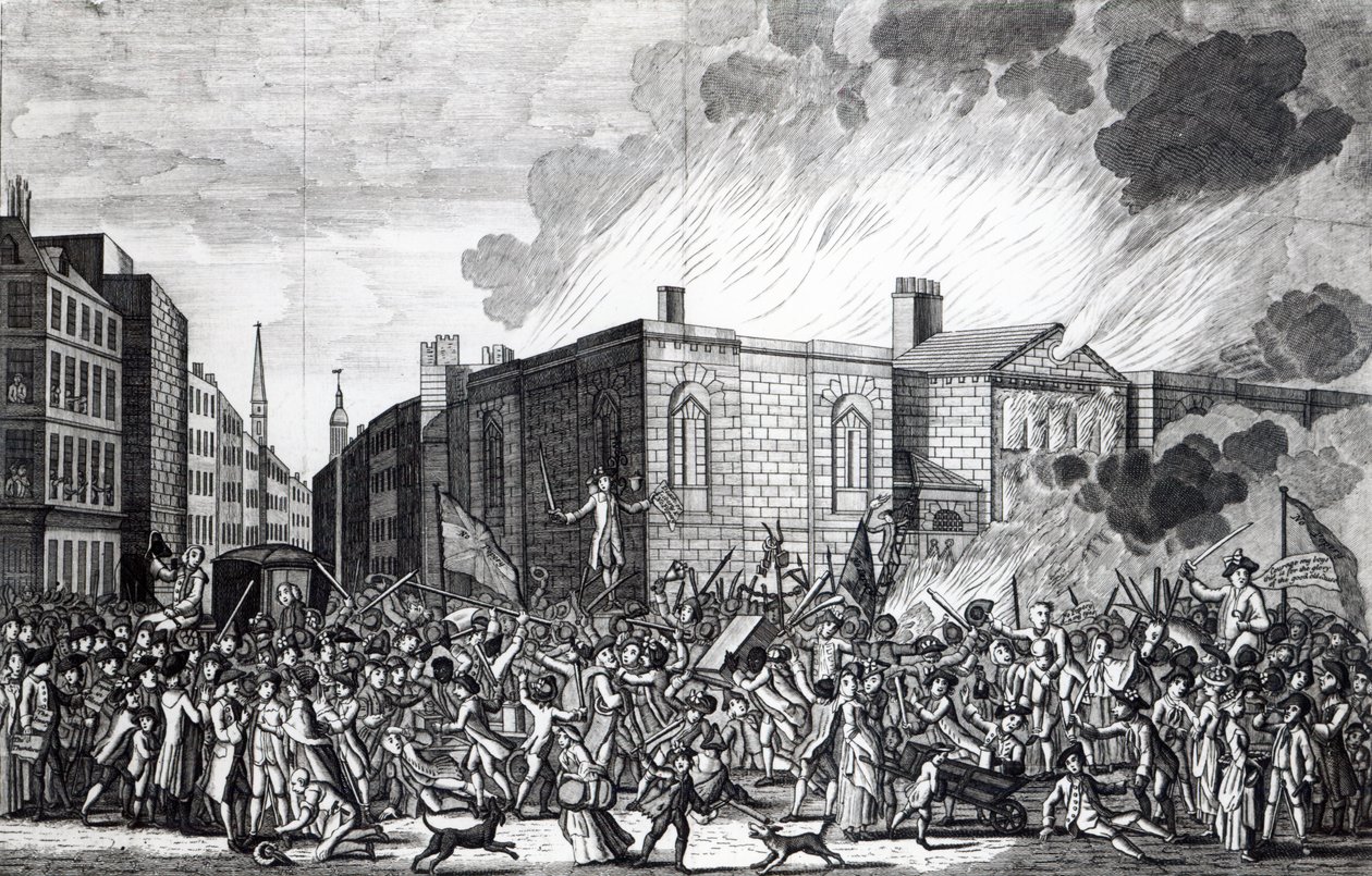 An Exact Representation of the Burning, Plundering and Destruction of Newgate by the Rioters on the Memorable 7th June 1780, engraved by Henry Roberts, 1781 by Jefferyes Hammett O