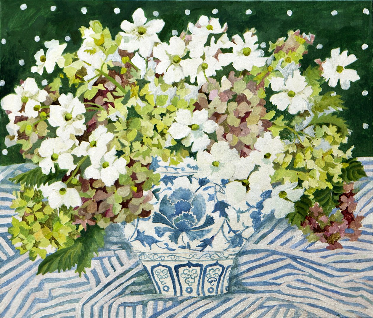 Cosmos and hydrangeas in a Chinese vase, 2013 by Jennifer Abbott
