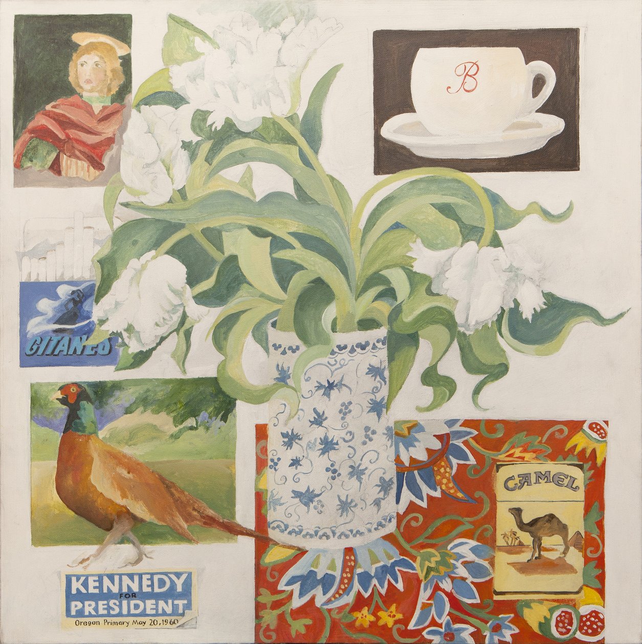 Ephemera, including coffee cup, cigarette packs; postcard and tulips by Jennifer Abbott