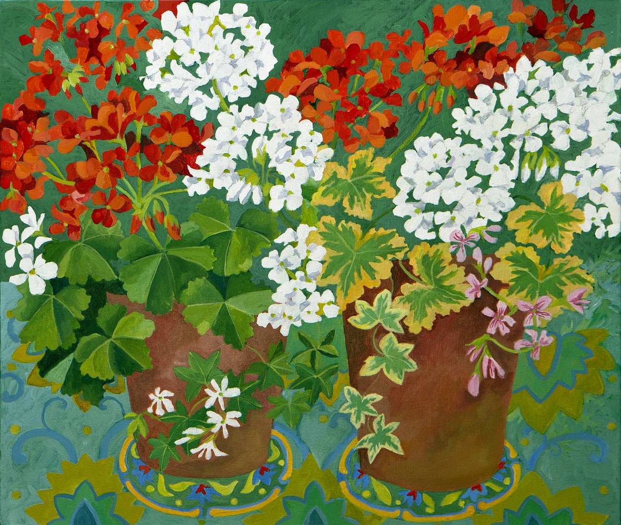 Red and white geraniums in pots, 2013 by Jennifer Abbott