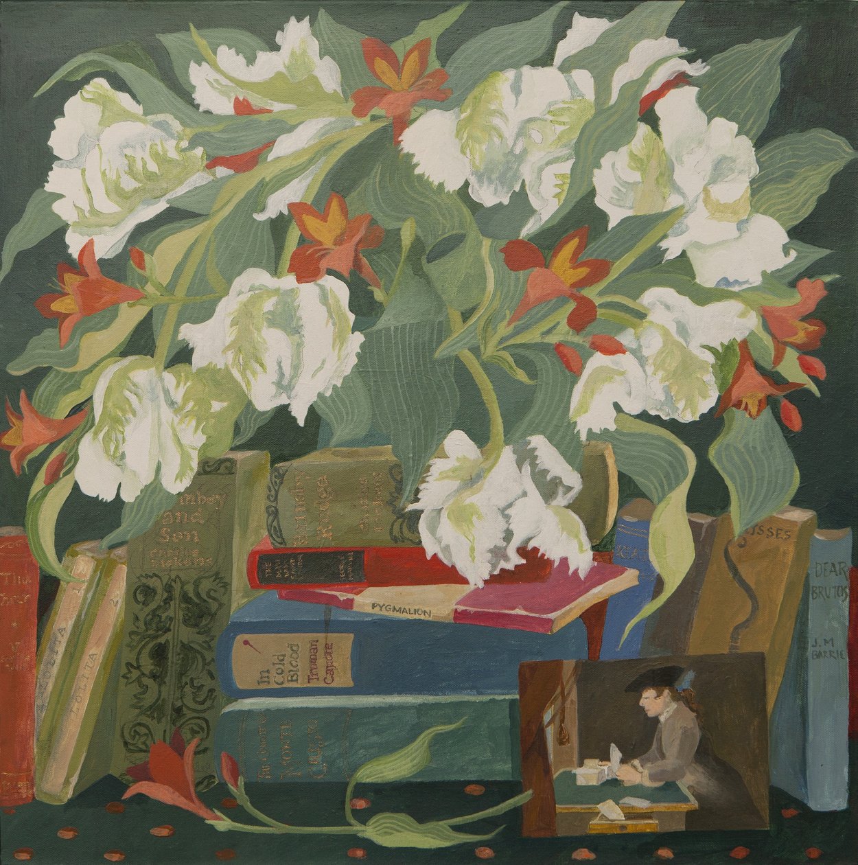 Tulips, books and postcards by Jennifer Abbott