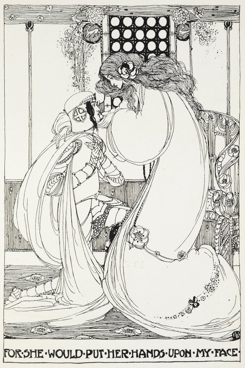 For she would put her hands upon my face - A knight and maiden by Jessie Marion King