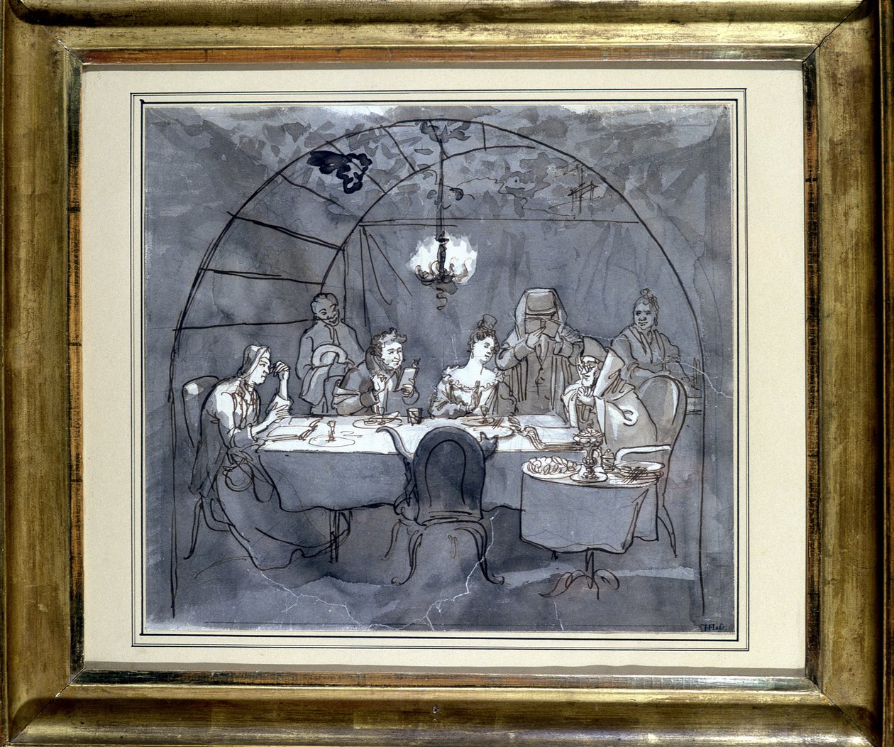 Feast of Tabernacles at the Restaurant Kasher by the Family of Moses Ulmann. Drawing on Paper, Pen Wash in 1831. Jewish Museum Basel, Switzerland. by Jewish School