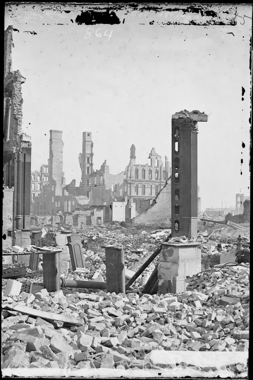 View from Southwest Corner of Dearborn and Monroe Streets, Showing the Grand Pacific Hotel in the Background and the Ruins of the Honore Block in the Foreground After the Chicago Fire of 1871, c.1871 by Jex Bardwell
