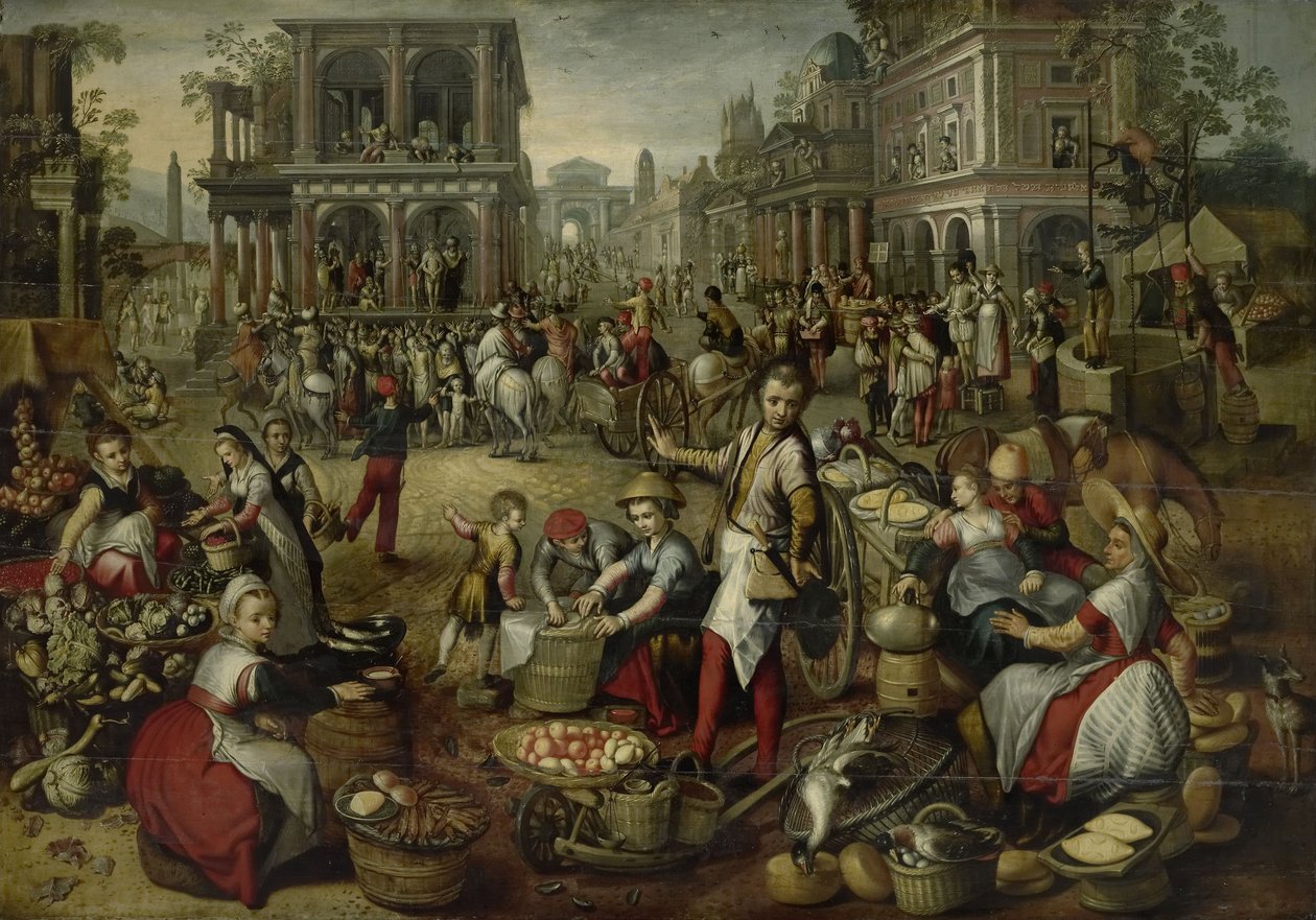 Marketplace, with the Flagellation, the Ecce Homo and the Bearing of the Cross in the background by Joachim Beuckelaer