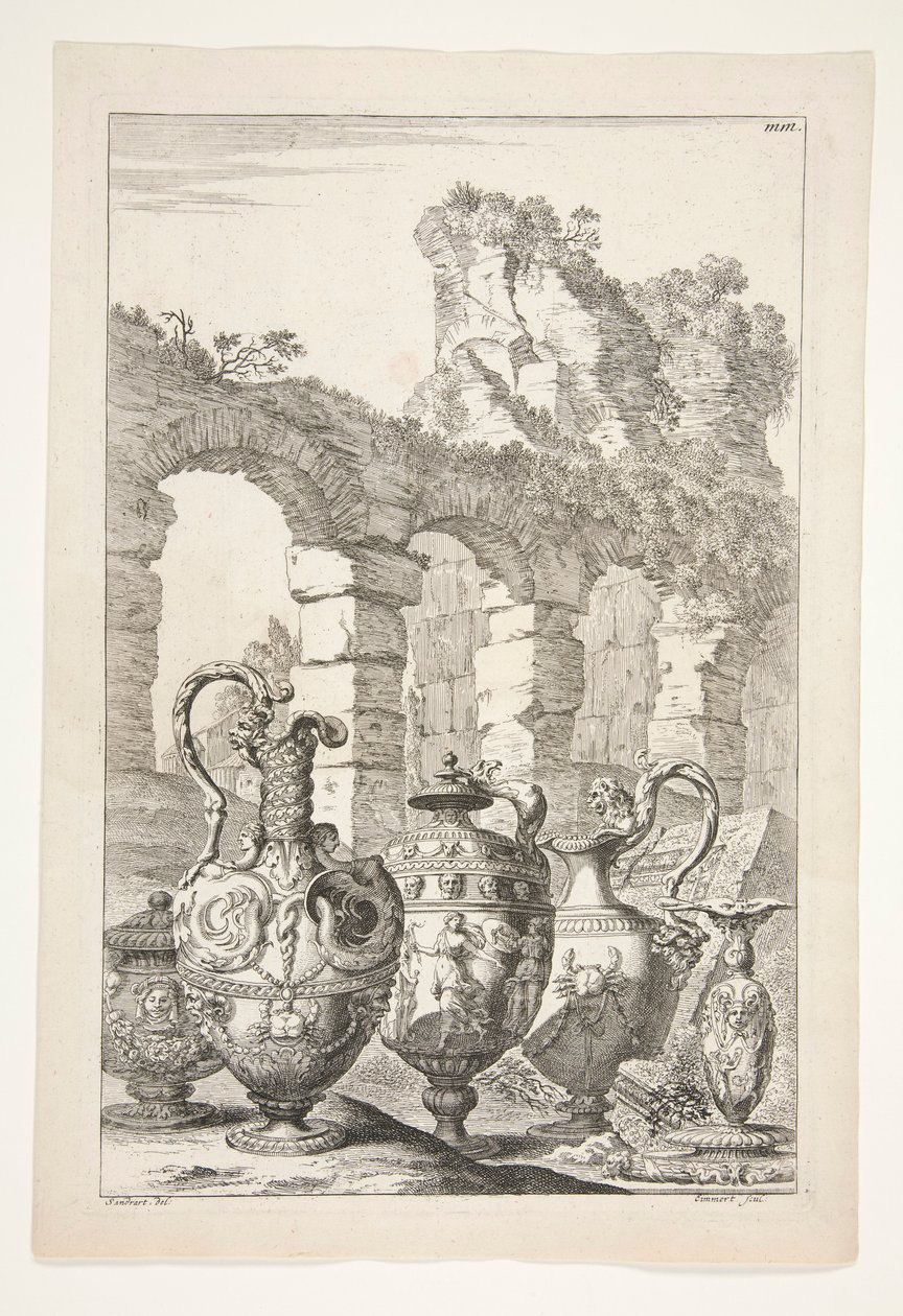 Three Pitchers, A Covered Vase, and a Candlestick in a Landscape with Ruins by Joachim von Sandrart