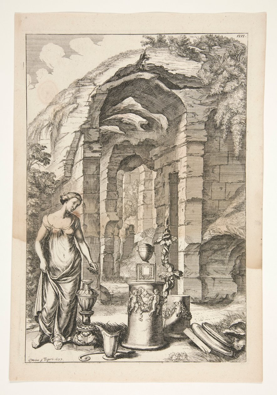 Woman in Antique Dress with Urns, Stands, and Ruins by Joachim von Sandrart