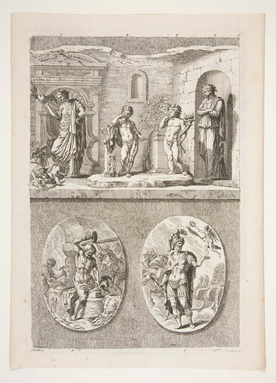 Top Half: Four Antique Statues, Bottom Half: Forge of Vulcan and A Victorious Roman General by Joachim von Sandrart