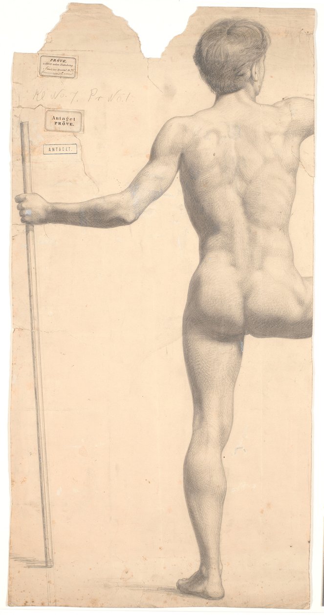 Standing Male Model, Seen from the Back, Staff in Left Hand, Right Arm and Leg Cut Off by Joakim Frederik Skovgaard