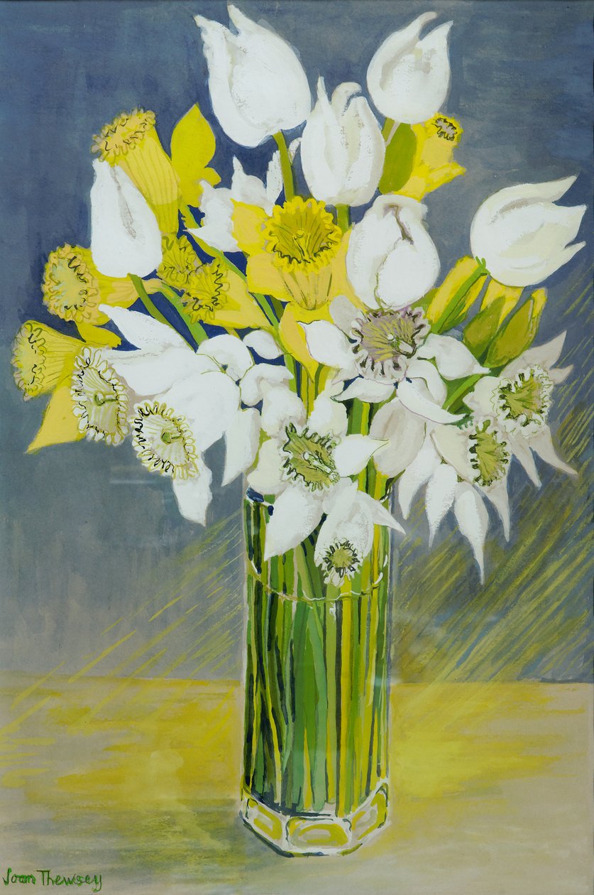 Daffodils and white tulips in an octagonal glass vase by Joan Thewsey