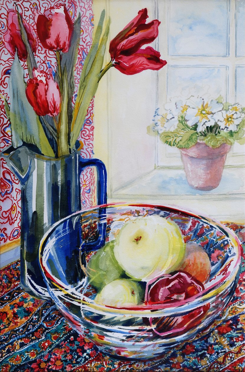 Tulips in a Jug, with a Glass Bowl by Joan Thewsey