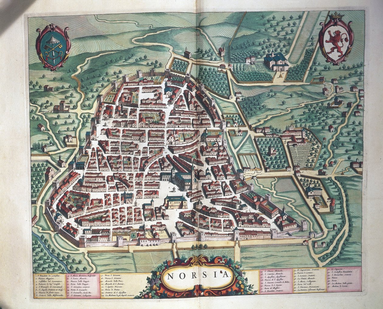 Map of Norcia from Theatrum civitatum et admirandorum Italiae by Joan Blaeu, engraving by Joan Blaeu