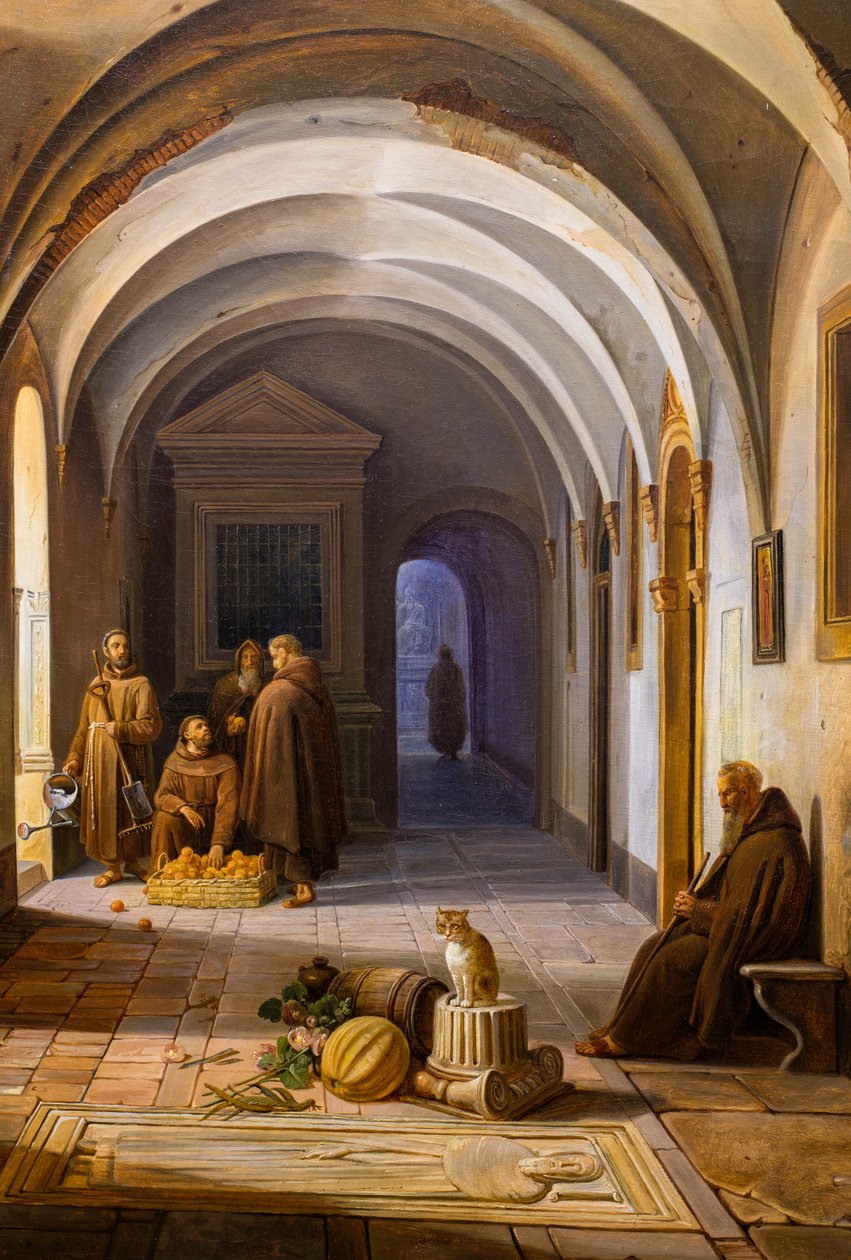 Franciscan monks in the cloister of Santa Maria d
