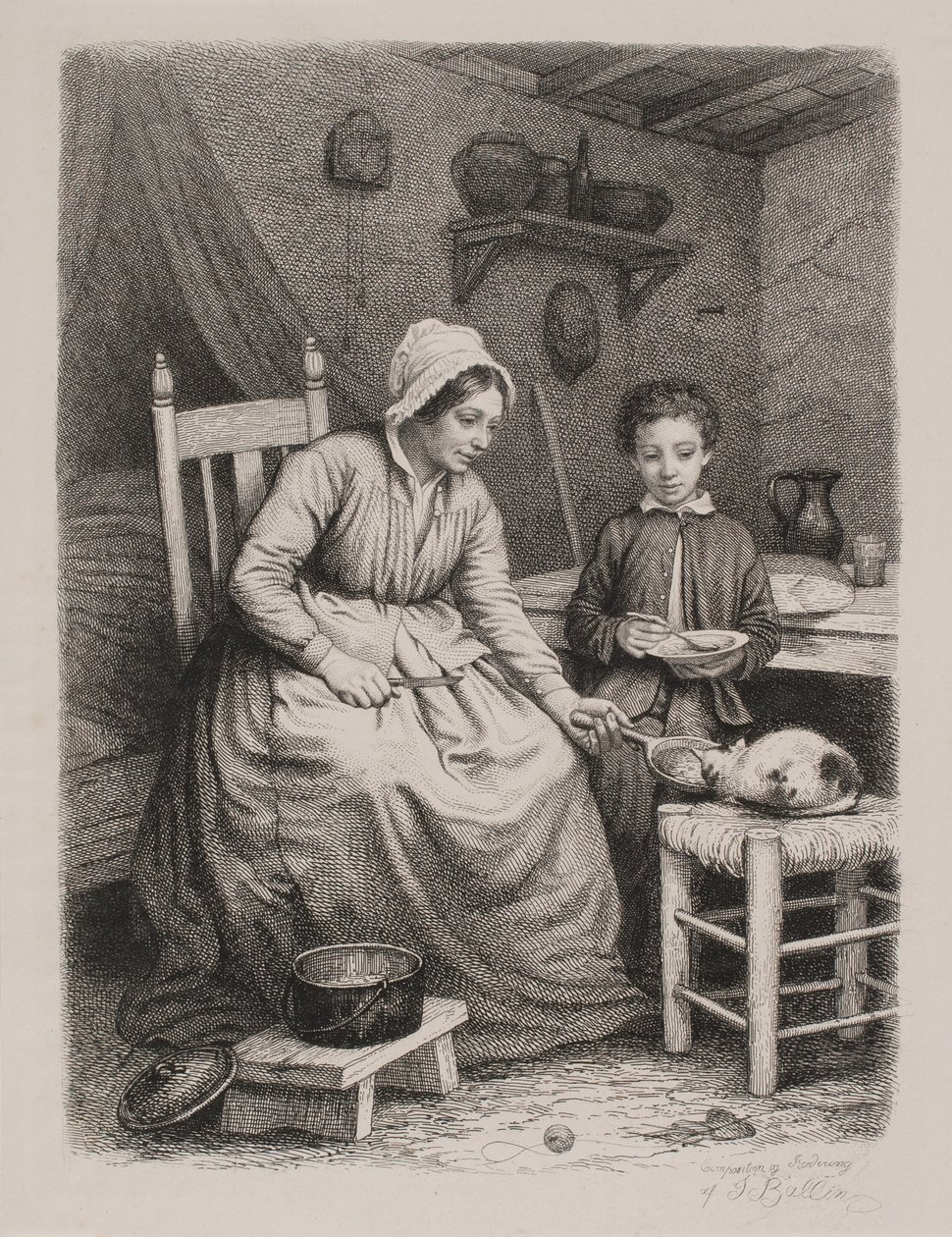 The Cat Gets Dinner from a Poor Woman. Domestic Scene by Joel Ballin