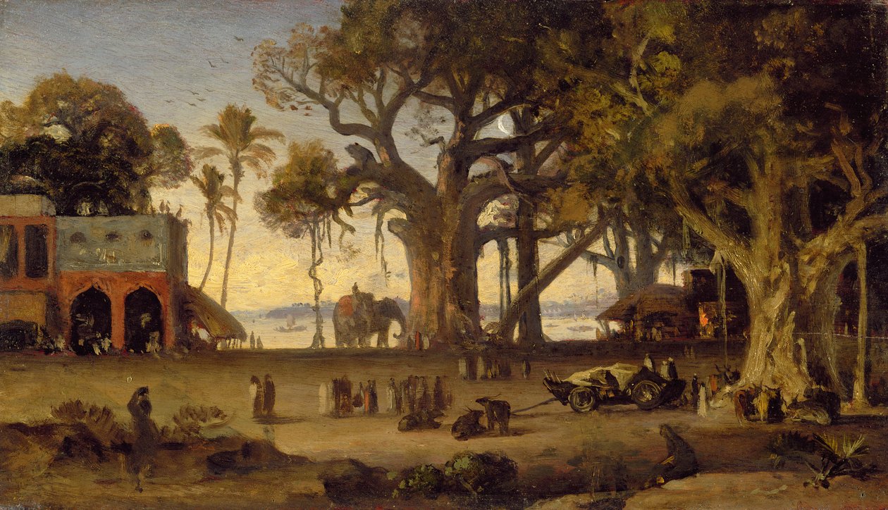 Moonlit Scene of Indian Figures and Elephants among Banyan Trees, Upper India by Johan Joseph Zoffany