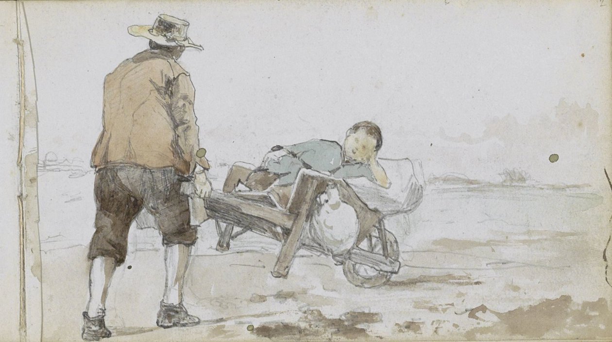 Landscape with a Man Pushing a Boy on a Handcart by Johan Hendrik Weissenbruch
