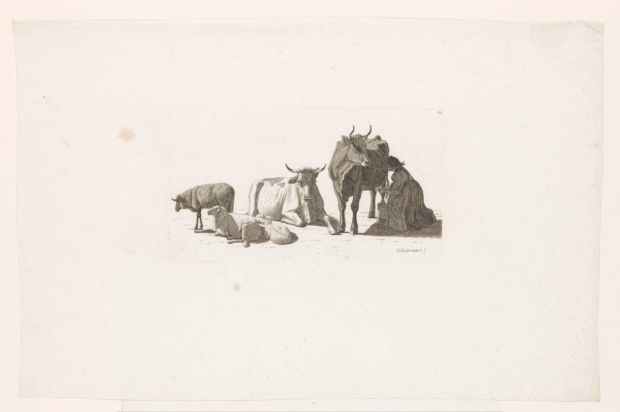 Woman Milking a Cow, with Cattle and Sheep by Johan Jakob Biedermann