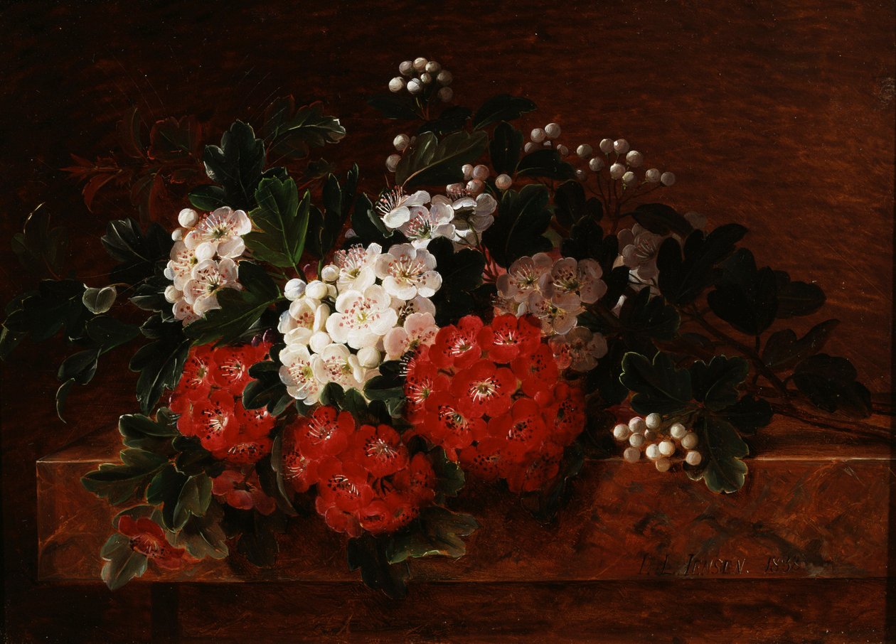 Hawthorns on a Marble Ledge. Painting by Johan Laurentz Jensen (1800-1856) Private Collection by Johan Laurents Jensen