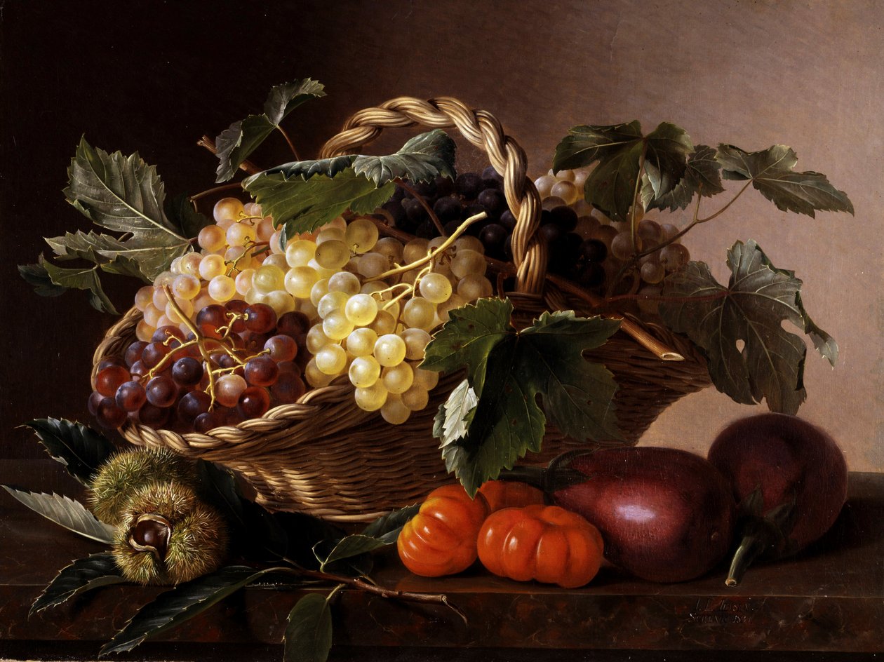 Still Life of Eggplants, Tomatoes, Chestnuts and Grapes by Johan Laurents Jensen