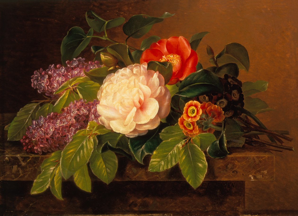 Peonies, Lilac and Primulae on a Marble Ledge by Johan Laurents Jensen