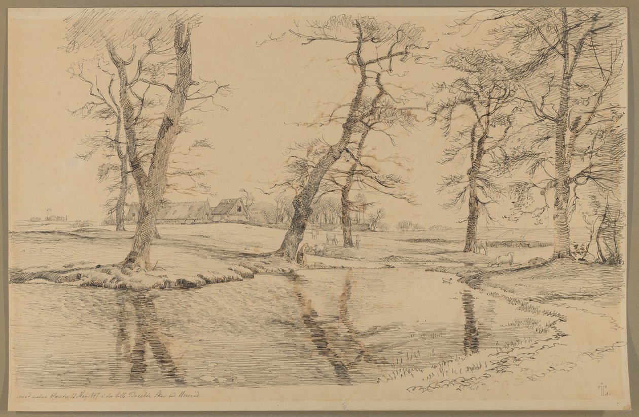 A Brook near a Farm in Usserød with Cows and Two Figures by Johan Thomas Lundbye