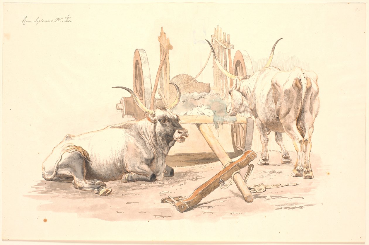 A Lying and a Standing Ox by Their Cart by Johan Thomas Lundbye