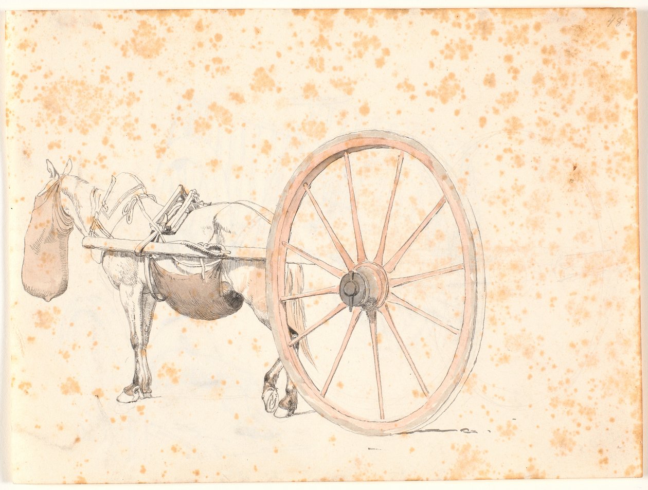 Detailed Study of a Cart Horse with Nosebag, Only the Shaft and a Very Large Wheel of the Cart are Visible by Johan Thomas Lundbye