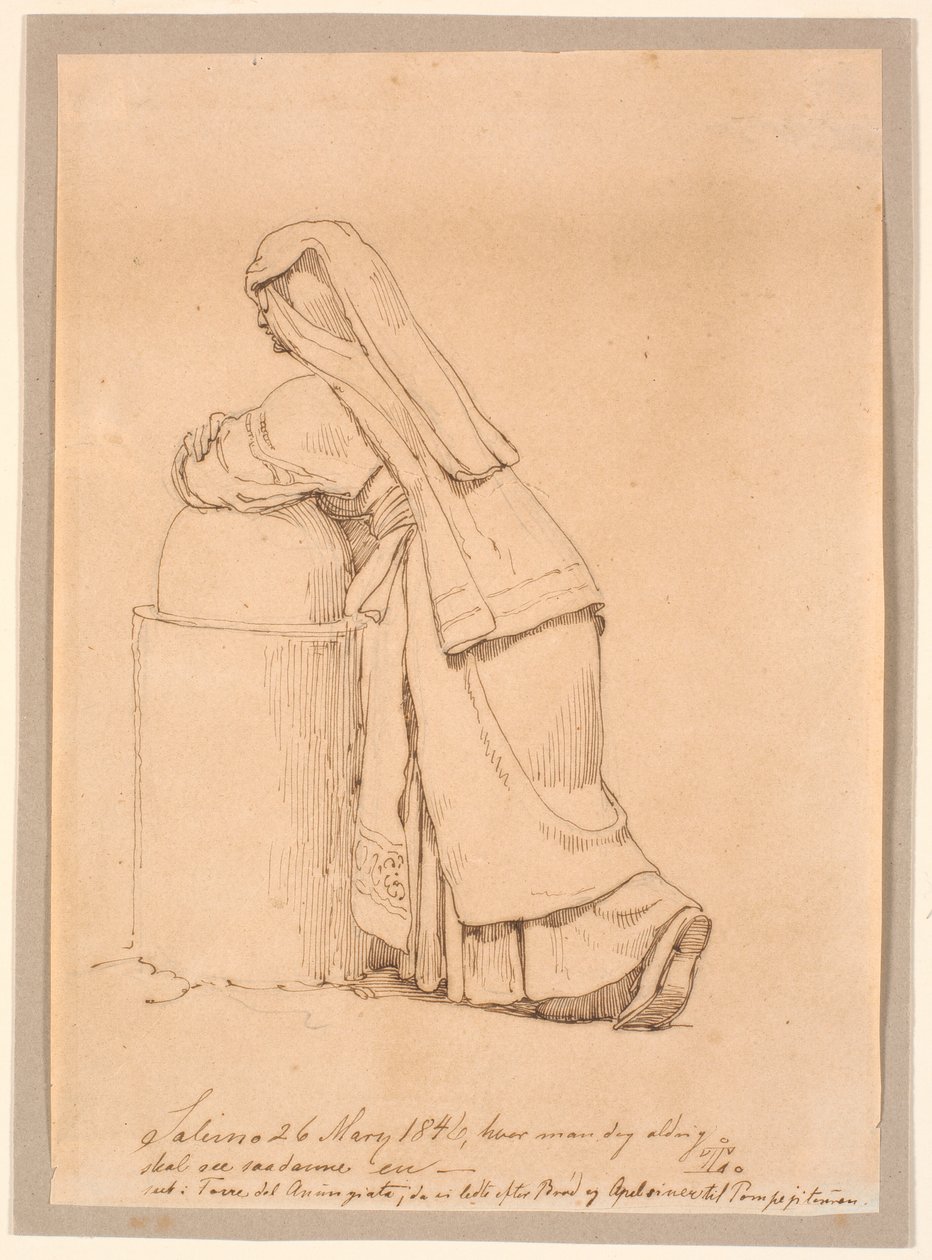 Italian Woman Leaning on a Low Pillar by Johan Thomas Lundbye