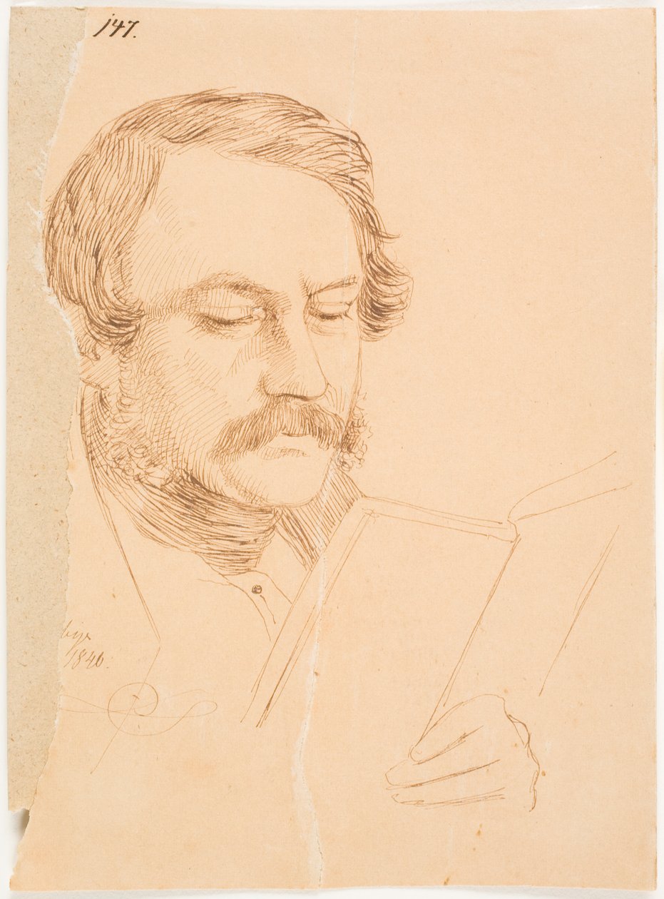 Portrait of a Man, frontal, slightly turned to the right, reading. by Johan Thomas Lundbye