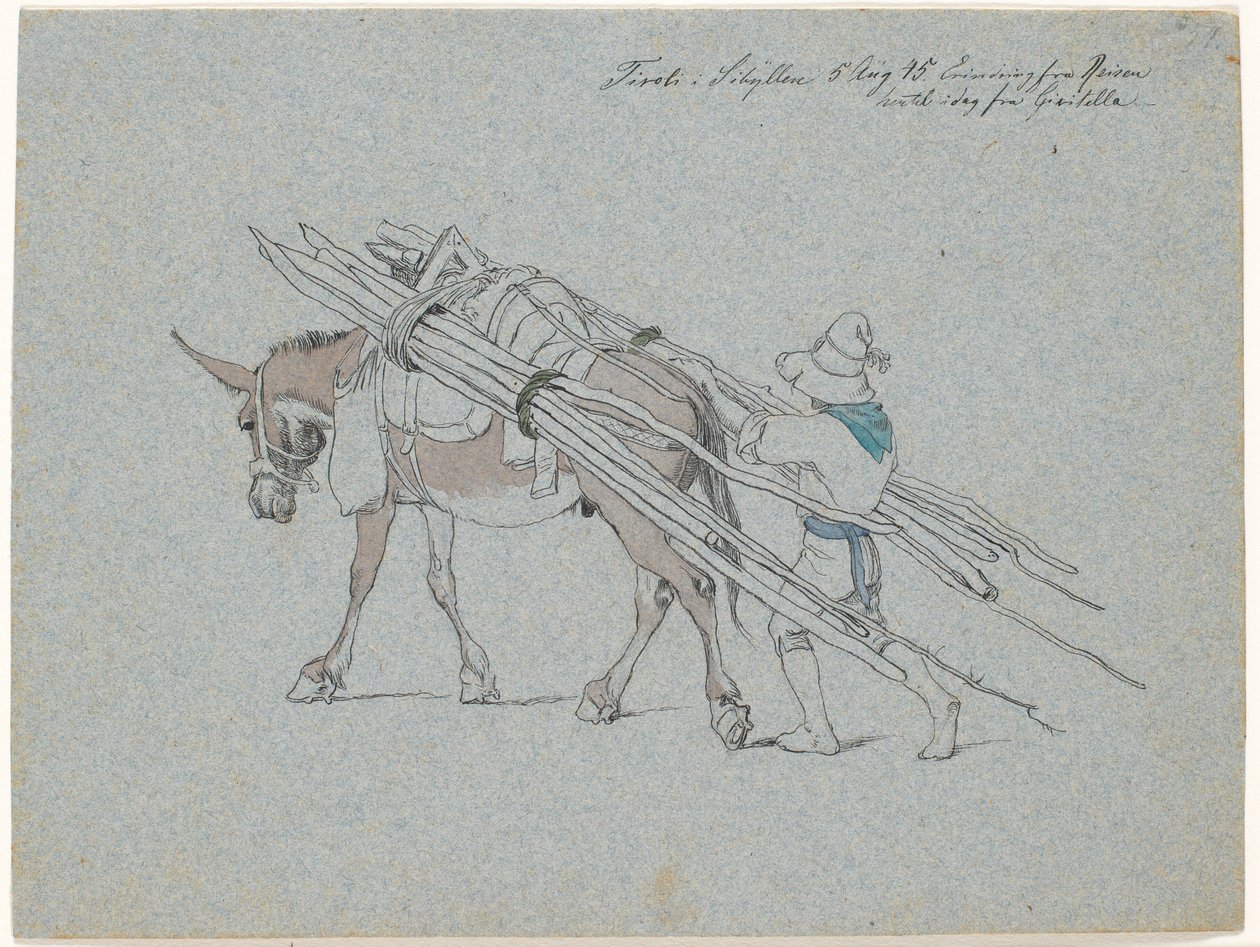 Mule Loaded with Thin Logs and Followed by the Driver by Johan Thomas Lundbye