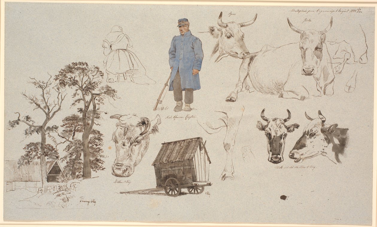 Study Sheet from the Milking Place at Vognserup. Studies of Cows. Left: Farmhouse Behind Three Tall Trees, Center: Seated Milkmaid with Her Back Turned and a Standing Herdsman. Right: A Herdsman