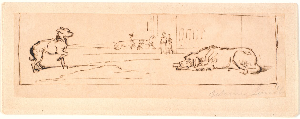 Two dogs on a street. In the background a horse-drawn carriage and two pedestrians by Johan Thomas Lundbye