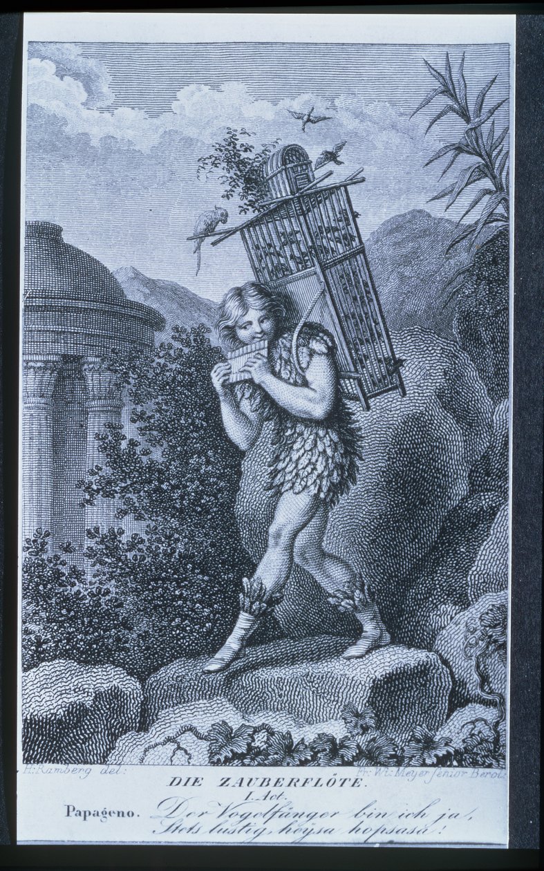 Papageno: I am the birdcatcher, yes! Always cheerful, fiddle-di-i, fiddle-di-da!, Act I of 