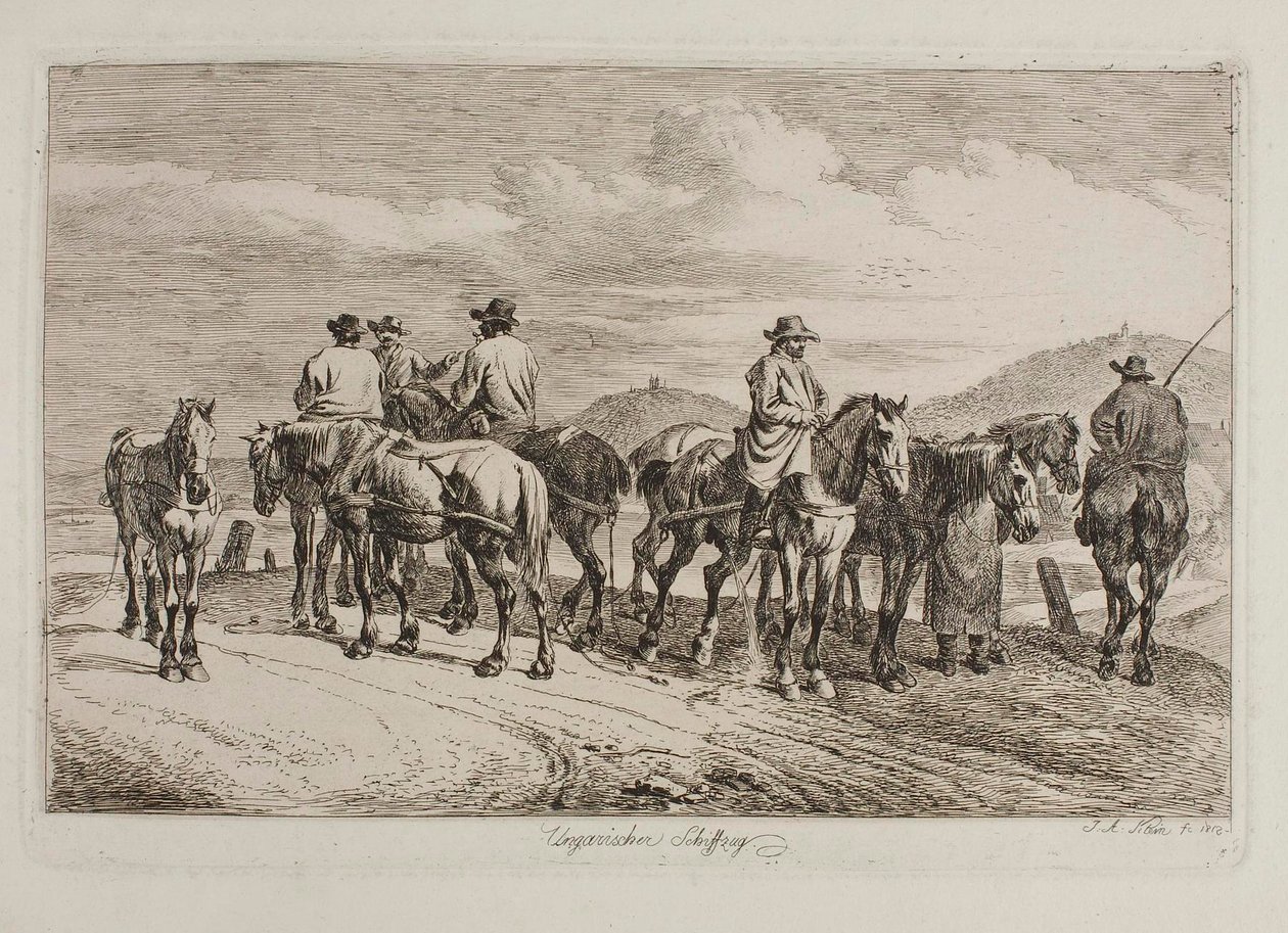 Hungarian Horses and Riders Ready to Pull a Boat Upstream by Johann Adam Klein