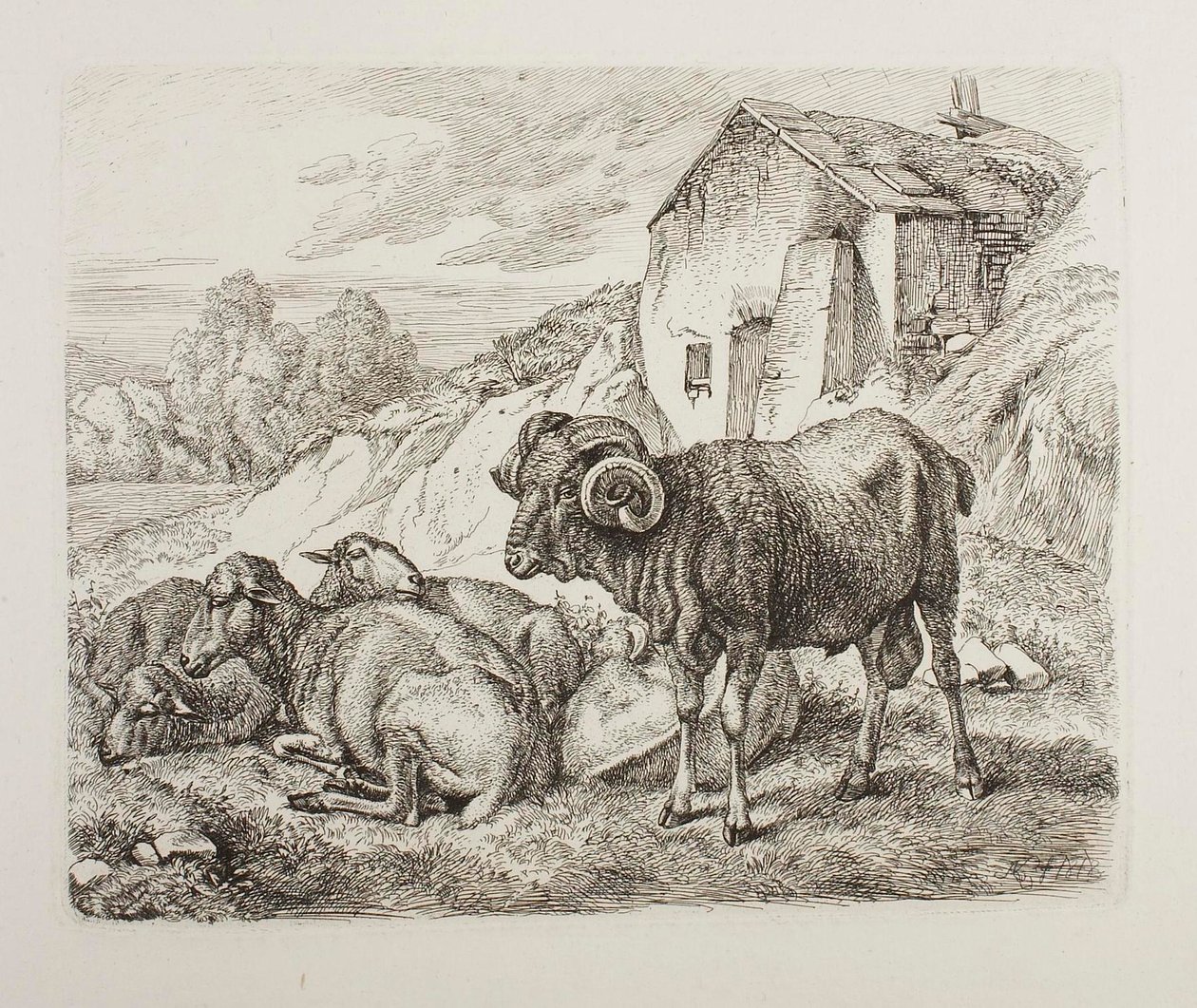 Ram and Sheep Behind a House by Johann Adam Klein