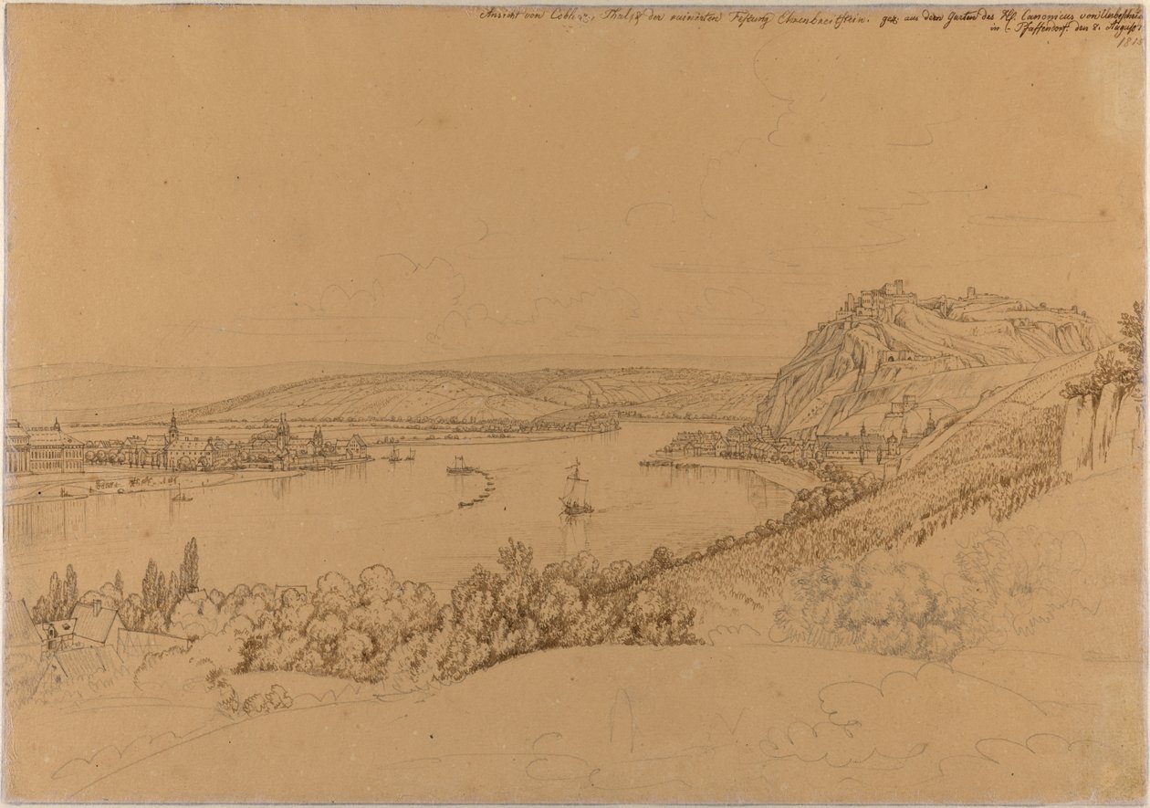 View of Koblenz with the Rhine and Fortress Ehrenbreitstein (recto); View of the Heidelberg Castle (verso) by Johann Adam Klein
