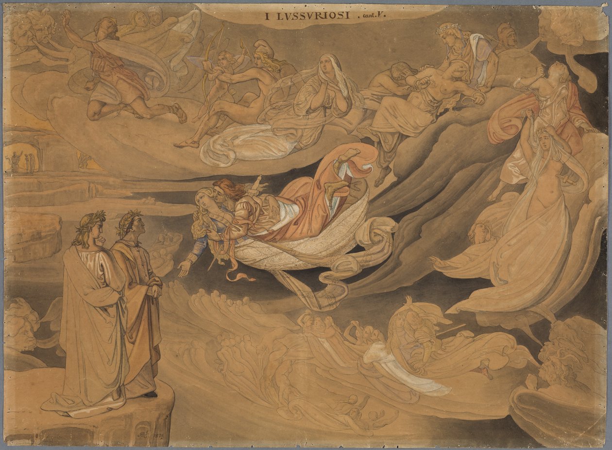 Dante in the Second Circle of Hell or the Restless Abode of the Incontinent in Love, Speaking with Francesca da Rimini by Johann Anton Ramboux