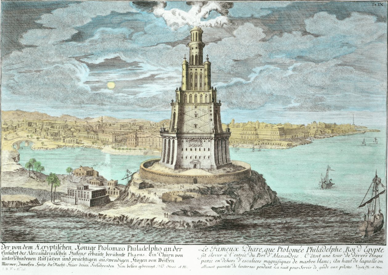 Lighthouse at Alexandria, built by Ptolemy the Great, Egypt, from Entwurf einer historischen Architektur, engraved by Johann Adam Delsenbach by Johann Bernhard Fischer von Erlach
